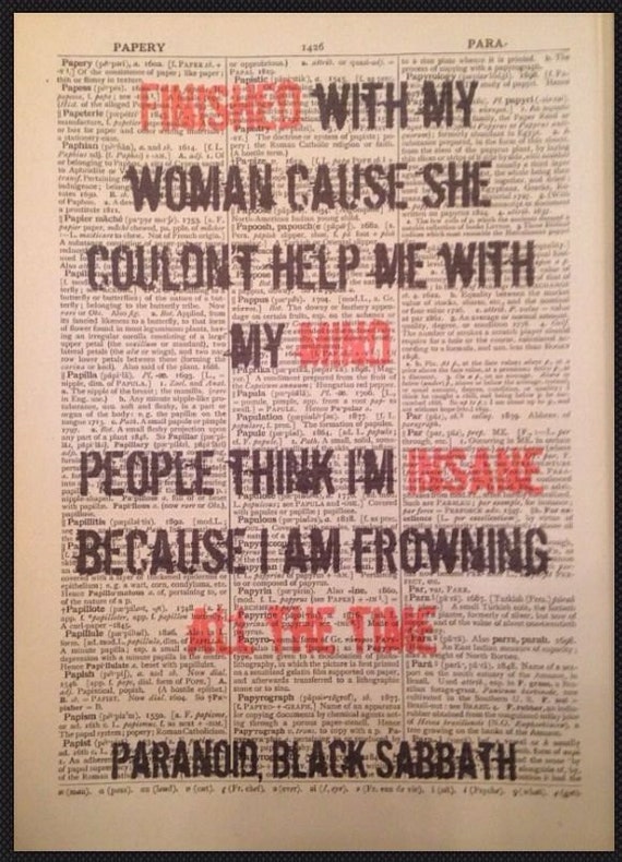 Paranoid Black Sabbath Lyrics Print Vintage Dictionary Page