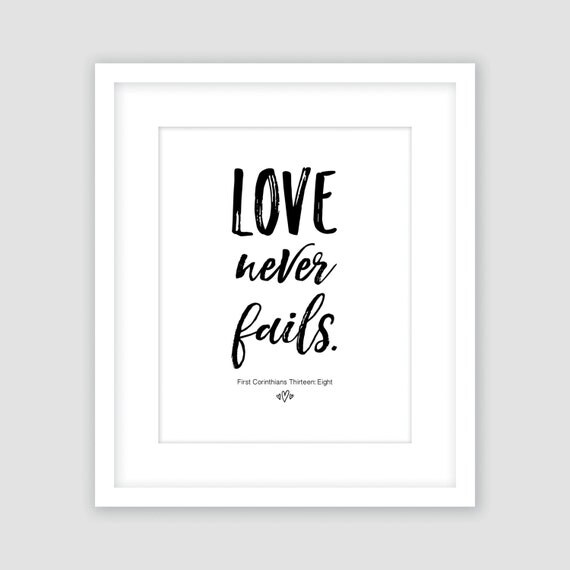 Love Never Fails Black and White Typography Print Word Wall