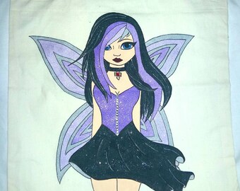 Gothic fairy tote bag. Hand drawn and painted tote bag, painted gothic fairy shopping bag.