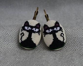 Gift for her Cat earrings Women gift Cross stitch black jewelry Embroidered earrings Black cat jewelry Hand embroidered gift Pet jewelry