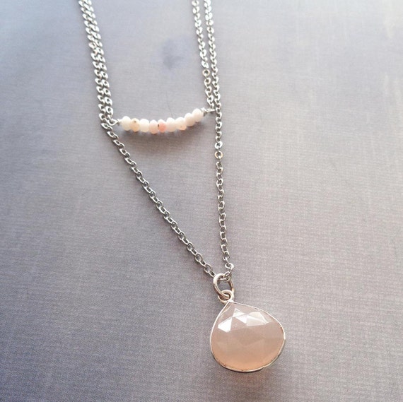 Chalcedony and Pink Opal Necklace Set/ Sand Chalcedony Silver
