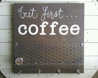 solid wood coffee station with custom wire basket for coffee pods and 4 mug hooks