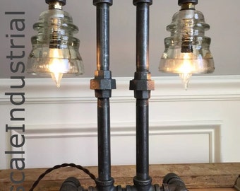 Steampunk Lamp /Industrial lighting / Pipe Lighting / Pipe Lamp / Glass Insulator Light / Steampunk Lighting / Bankers Lamp