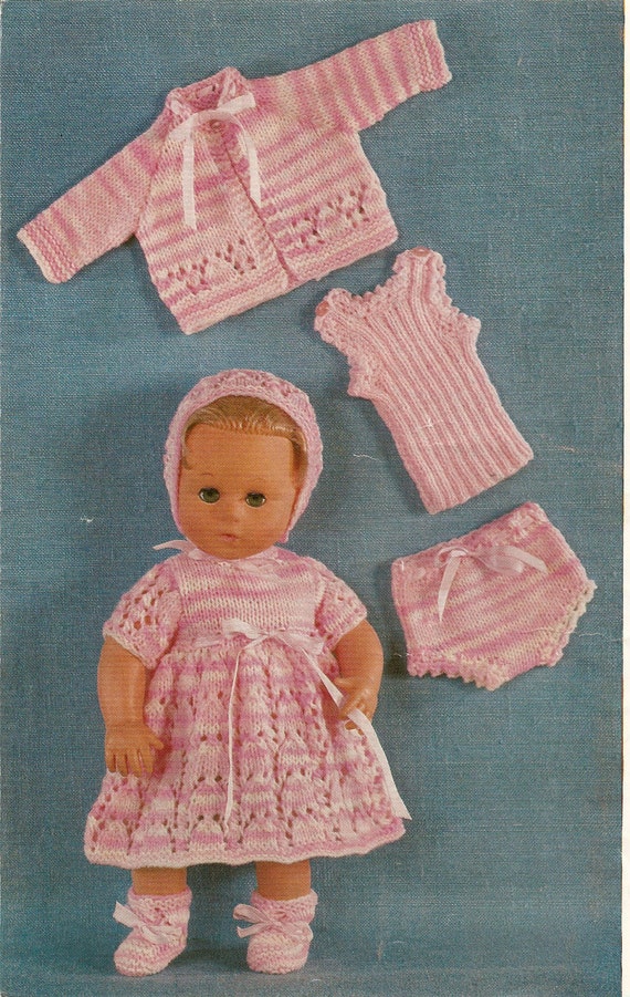 Knitting Pattern Dolls Coat Dress Bonnet Vest Pants And