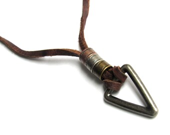 Rugged & Tough Handcrafted Adjustable Leather Necklace With A Nickle Triangle Pendant Adjusts From 16" To 34" Long