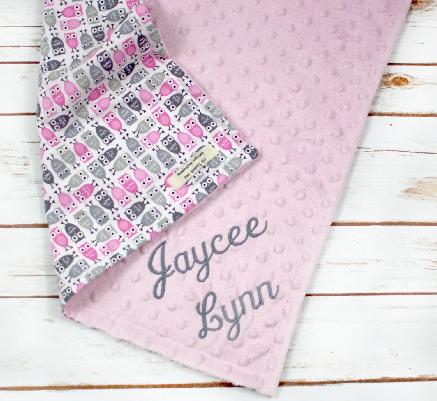 Personalized Baby Blanket Gray and pink owl by TheKraftyElf