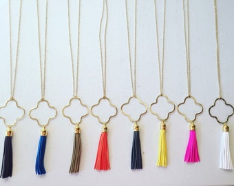 Gold chain quatrefoil tassel necklaces