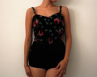 Velvet Floral Top/ Velvet Top with Roses/ Black Velvet button up Top