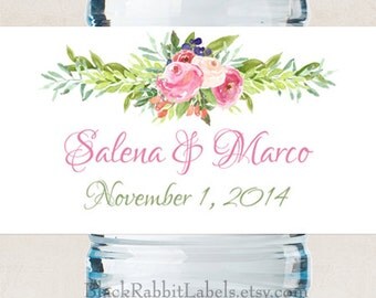 Personalized Water Bottle Labels - Pink Watercolor Flowers - Wedding Favors 2"x8.5" self-stick labels - Bottled Water Labels