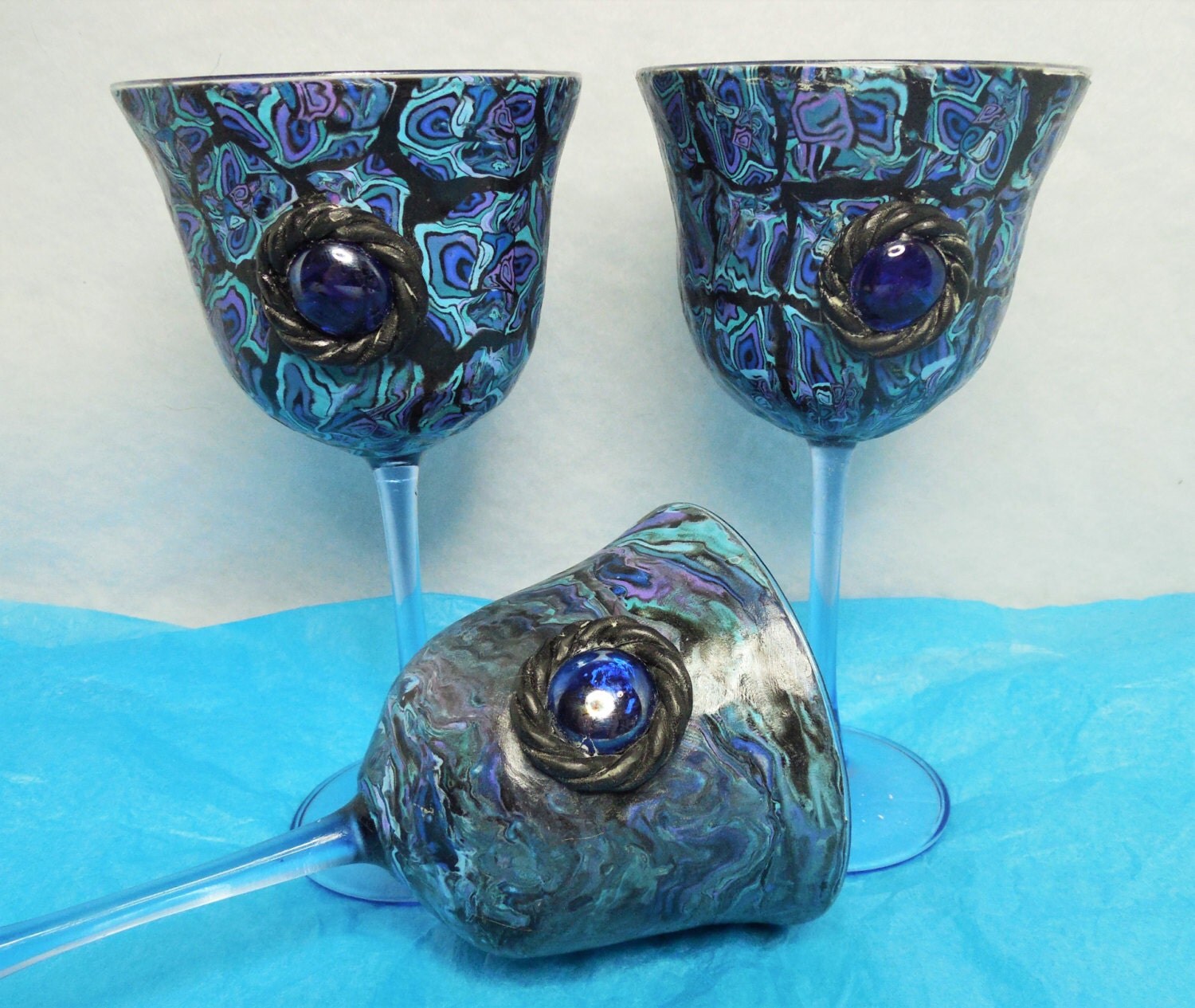 Polymer clay hand decorated wine glasses blue by Merriebethplace