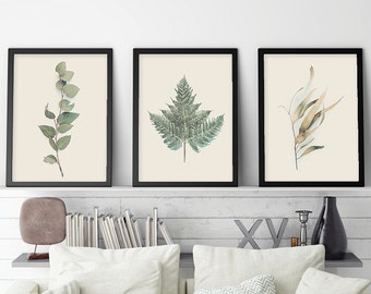 Australian Prints, Set of 3 Prints, Botanical Print Set, Botanical Set of 3, Ferns, Gum Leaves, Australian Poster, Downloadable Prints