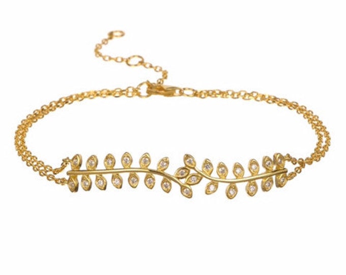 Gold Leaf Bracelet CZ Bracelet Cubic Zirconia Gold Bracelet Leaf Jewelry Wedding Bracelet Bridal Bracelet Bridesmaid Bracelet Bridal Jewelry