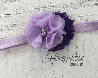 Lavender Purple shabby chiffon flower pearl rhinestone flower headband bow or alligator clip, newborn infant toddler baby girl