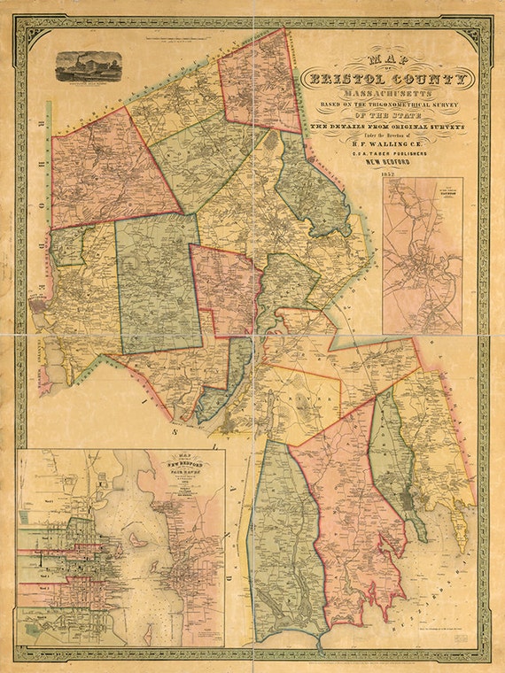 Map of Bristol County Massachusetts MA. 1852. Vintage