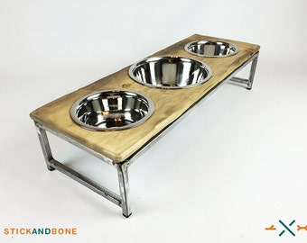 Dish Feeding station, Rustic Dog bowl, triple feeder, Raised dog dish, Multi-Pet Feeding Station, 2 Medium, 1 Large Stainless steel dish
