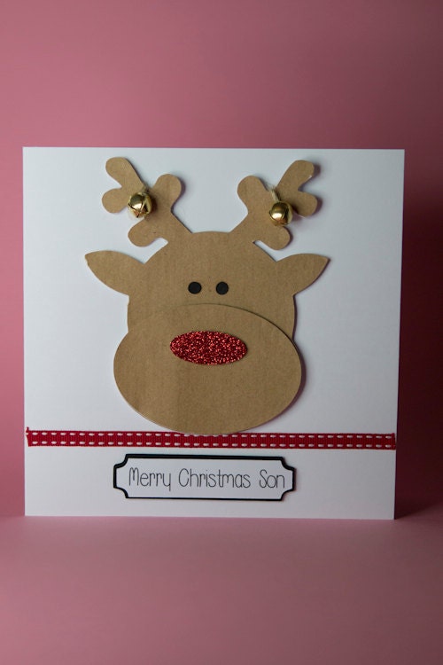 Reindeer Face with Jingle Bells Handmade Christmas Card Kids