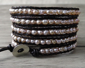 5 Rows Wrap Bracelet Pearl wrap Bracelet real pearl bracelet Leather wrap Bracelet beaded bracelet leather bracelet bead bracelet SL-0093