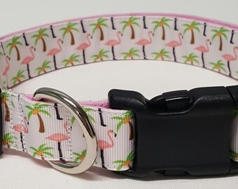 dog collar, flamingos and palm trees, flamingo dog collar, palm tree dog collar, flamingos, palm trees, flamingo collar, palm tree collar