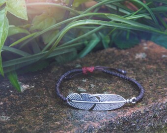 Friendship Bracelet. Feather Bracelet. Adjustable Bracelet. Gift For Her. Handmade Bracelet. Beaded Jewelry. Jewelry Wax Cord Unisex