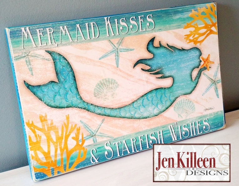 Mermaid Kisses and Starfish Wishes Wood sign and Mermaid