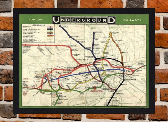 Framed London Underground 1920's Map A4 Size Mounted In