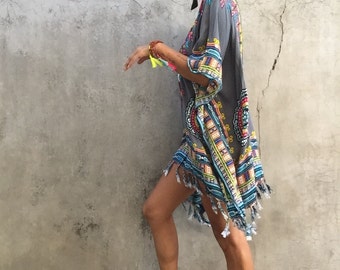 Sequin,Bohemian ,beach poncho, beach festival boho ,summer kimono,big size women,gray,hippie,plus size,Tassel,gypsy,one size