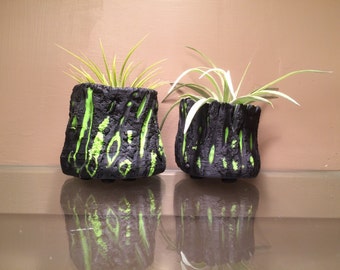 Bonsai Pot Pair - Green Lava Series, 2 micro plant pots sculpture Vase