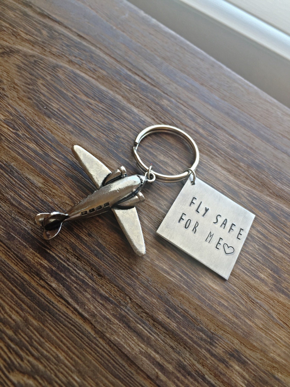 Personalized silver airplane keychain with hand stamped charms