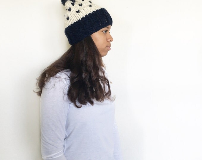 Fair Isle Knit Slouchy Beanie Hat With Large Pompom//THE TRAVELER//Navy and Fisherman