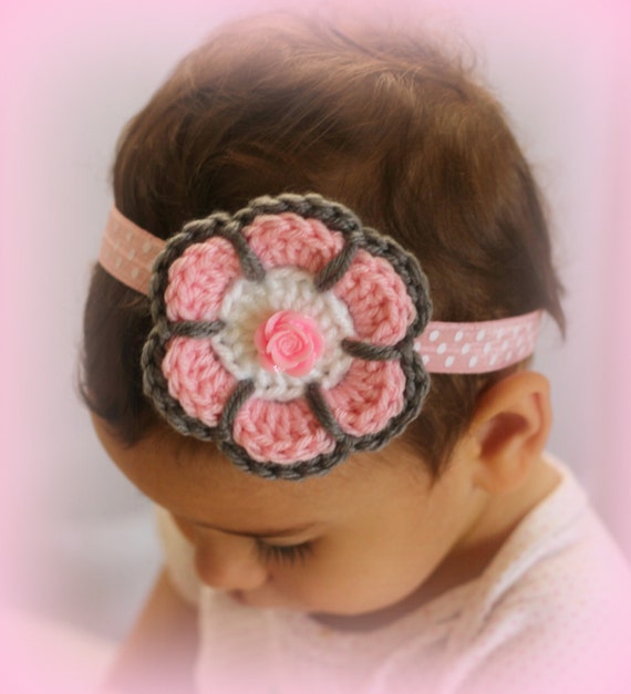 Pink and Gray Headband, Crochet Flower  Headband, Baby Flower Headband, Easter Headband, Toddler Headband, Baby Gift, Photo Props