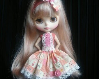 Colorful,handmade dress, underskirt and headband for Blythe doll