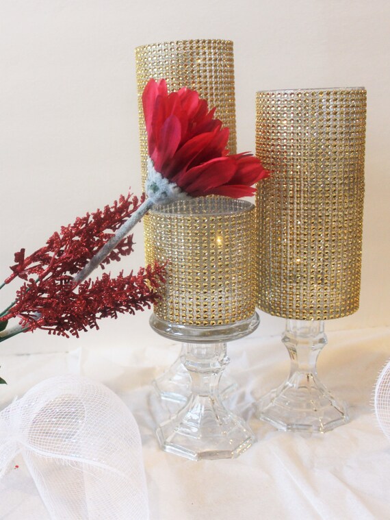 Set of 3 Tall Gold Rhinestone crystal Candle holders Glass