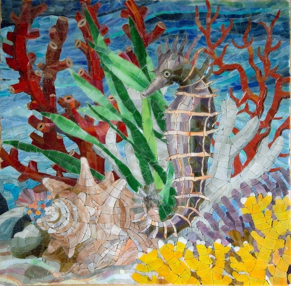 Items similar to Seahorse mosaic, seahorse, underwater, mosaic mural, sea, wall art, Seahorse in