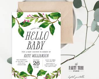 Printable Baby Shower Invitation , Hello Baby Leaves Invitation , Modern Baby Shower Invite , 5x7 , A6 , Gender Neutral Baby Shower