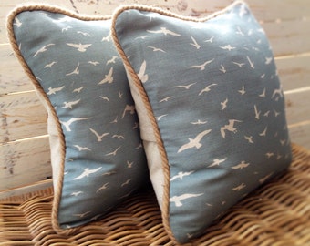 Handmade Seagulls Cushion, Peony and Sage Linen, Stone Blue, Coastal, Seaside, Jute Braid Trim, Vintage Inspired, Country Style
