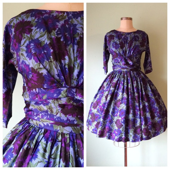 1950s Blue Floral Print Dress