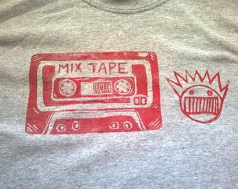 Ween - Mix Tape Concert T-shirt, Boognish! Lino Print on Durable Cotton Gray T-shirt, Red Ink, Also in Ladies V Neck Sizes 90s 80s