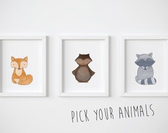 Woodland Animals Nursery Wall Art - Woodland Creatures Set of 3 Prints - Woodland Nursery Decor Including a Woodland Fox, Owl, and Raccoon