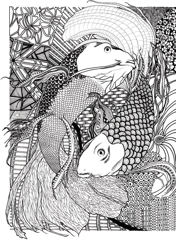 Download Items similar to Adult Coloring, Koi Fish Coloring Page ...