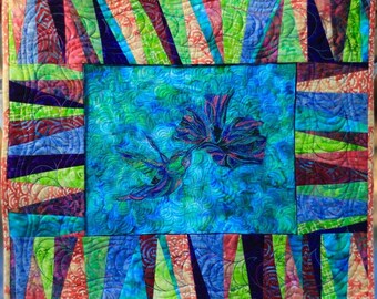Hummingbird thread-sketch wallhanging quilt