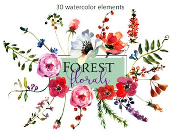 Purple Watercolor Flowers Clipart Set Fall Wedding Winter Floral Bouquets Purple Green Red Clip Art Digital Floral Elements DIY Invitation