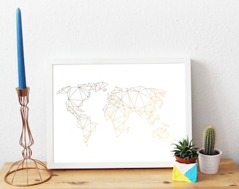 World map, Geometric, Globe, Gold Foil Print, A4, Gift, Illustration Art Print