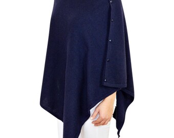 Navy Blue Cashmere Wrap with Buttons Poncho Shawl in Gift Box