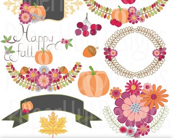 Fall Clipart-Autumn Clip Art-Thanksgiving Clipart-Pumpkin-Berries-Acorn-Floral Clipart-Label Clipart-Personal or Commercial Use.