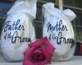 Mother of the Bride Wine glass, Father of the Bride Glass, Mother of the Groom Wine glass, Father of the groom Wine Glass, Parents Wedding