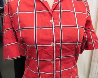 1950s Ladies Red Plaid Cotton Rockabilly Blouse