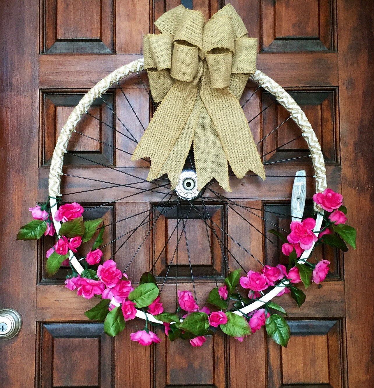 Pink floral bicycle wheel wreath floral by TexasRusticWoodDecor