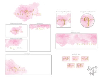 Premade Branding Kit. Branding Package. Watercolor Logo. Logo Design. Business Card Design. Facebook Cover. Pink Logo. Gold Logo.