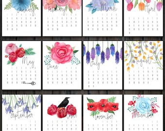 2017 Printable Floral Calendar | Desk Calendar 2017 | Flower Calendar | Floral Watercolor Wall Calendar | INSTANT DOWNLOAD 300DPI PDF