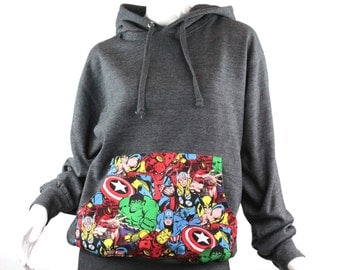 Super Hero Marvel Comic Patched Unisex Pullover Hoodie Sweatshirt, Gray Hoodie